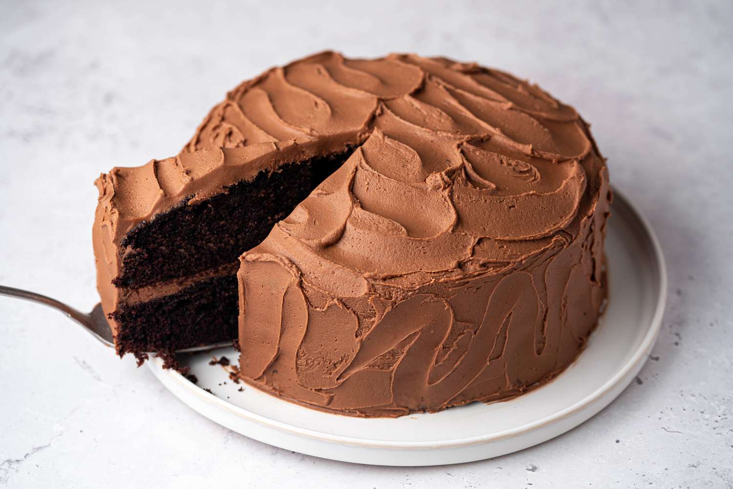 Slice of chocolate cake on white plate